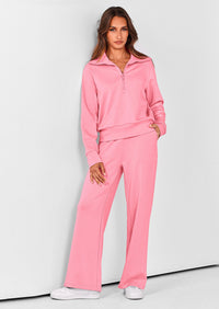 PRETTYGARDEN Women's 2 Piece Outfits Casual Lapel Half Zip Sweatshirts And Wide Leg Pants Tracksuit Sets