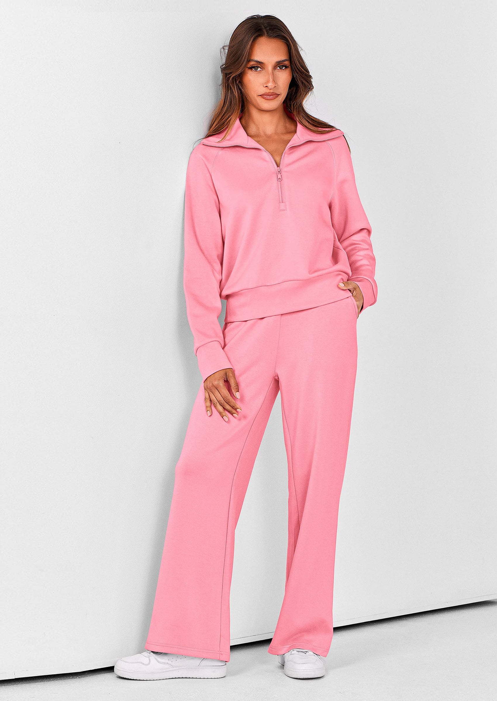PRETTYGARDEN Women's 2 Piece Outfits Casual Lapel Half Zip Sweatshirts And Wide Leg Pants Tracksuit Sets