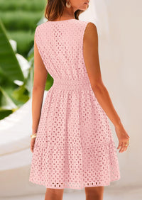 Sleeveless V Neck Eyelet Hollow Out Swing A Line Beach Vacation Dresses