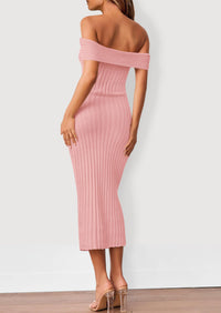 Off The Shoulder Elegant Ribbed Knit Bodycon Wedding Guest Sweater Midi Dresses