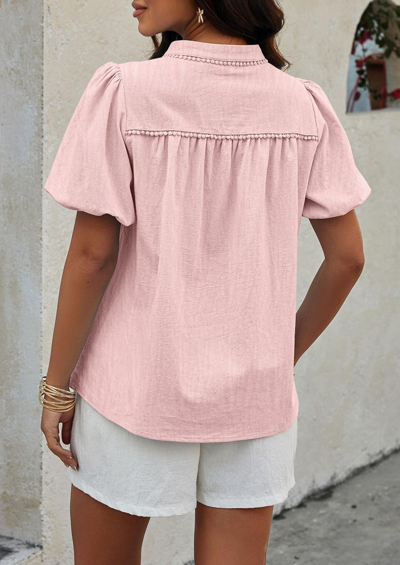 PRETTYGARDEN Womens Casual Summer Tops V Neck Short Puff Sleeve Pleated Cotton T Shirts Loose Dressy Blouses