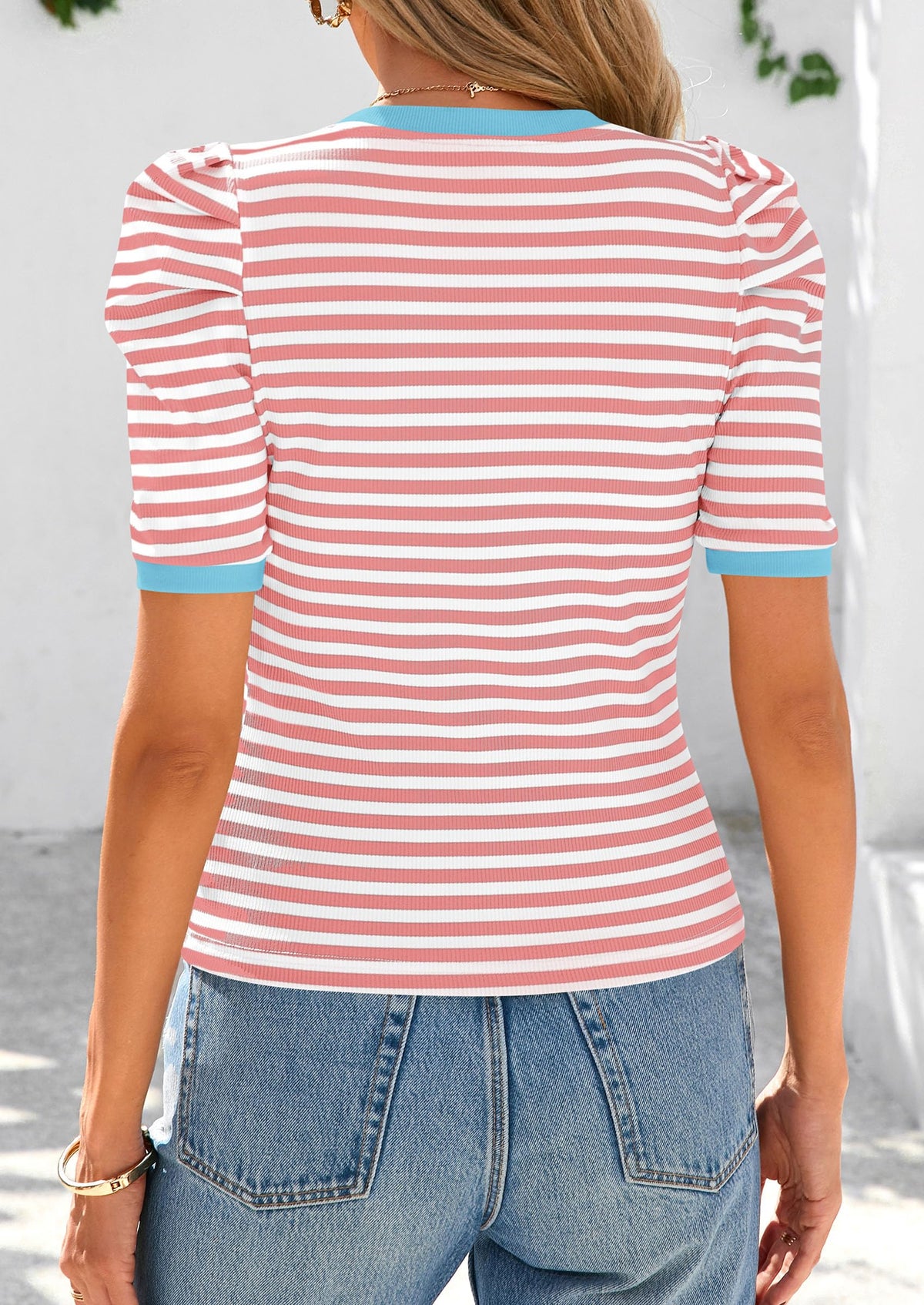 Puff Sleeve Casual Ribbed Knit Color Block Striped Pullover T-shirts