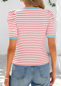 Puff Sleeve Casual Ribbed Knit Color Block Striped Pullover T-shirts