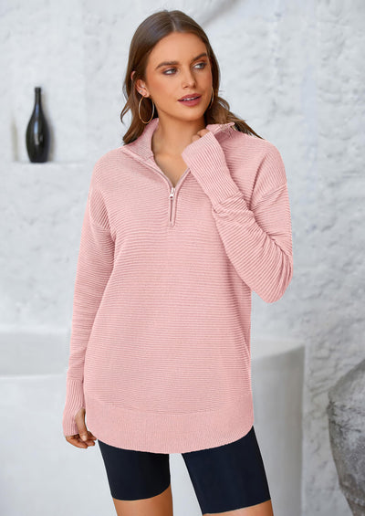 PRETTYGARDEN Womens Long Sleeve Quarter Zip Pullover Sweater Casual Loose V Neck Collared Ribbed Knit Jumper Tops Thumb Hole