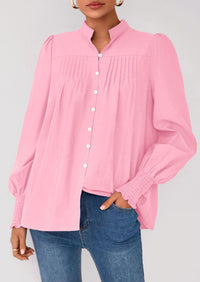PRETTYGARDEN Womens Fall Lantern Long Sleeve Shirts Trendy Button V Neck Pleated Henley Tops Loose Work Blouses