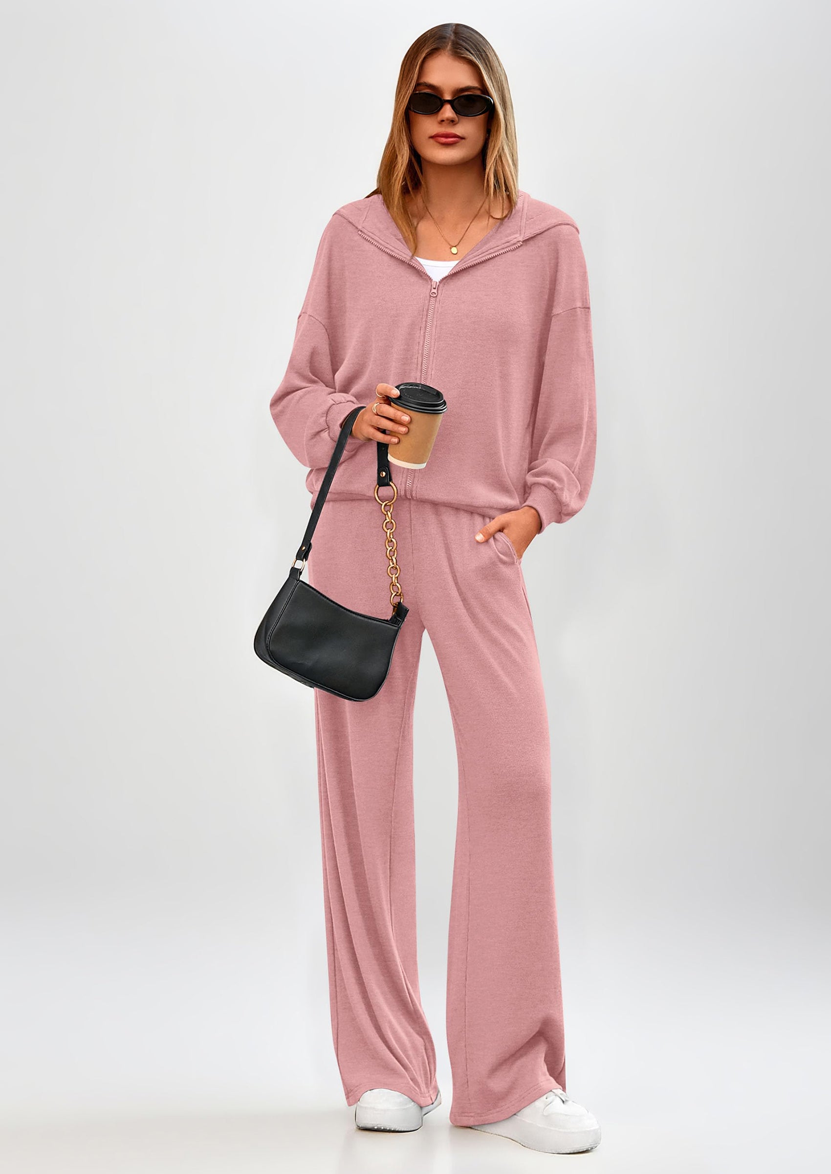 PRETTYGARDEN Women's 2 Piece Fall Lounge Sets Zip Up Hoodie Wide Leg Pants Tracksuit Matching Travel Outfits Clothes