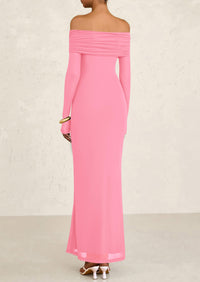Off The Shoulder Bodycon Long Sleeve Mesh Maxi Dress