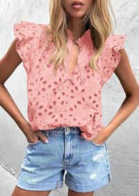 Casual Ruffle Cap Sleeve Button V Neck Embroidered Eyelet Blouses