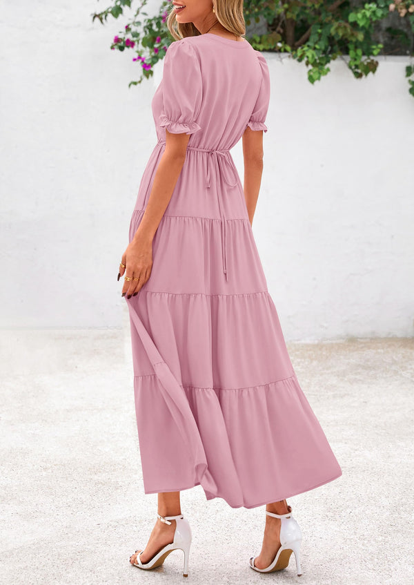 Casual Short Sleeve V Neck Tiered Flowy Beach Vacation Maxi Dress with Pockets