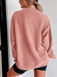 Ribbed Corduroy Crew Neck Long Sleeve Loose Fit Casual Oversized Sweatshirt