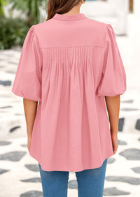 Lantern Sleeve Loose Fit Button Down Casual Pleated V Neck Blouses
