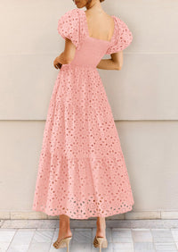 Eyelet Square Neck Puff Sleeve Smocked Maxi Dress with Pockets
