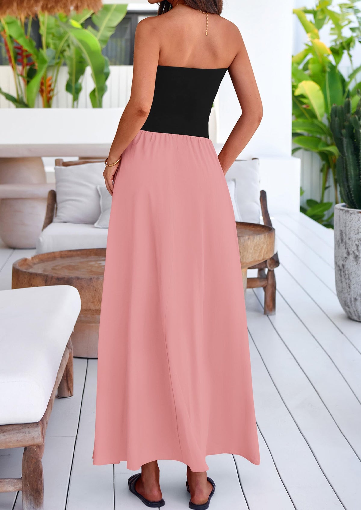 Strapless Patchwork Long Flowy Elegant Tube Top Maxi Dresses with Pockets