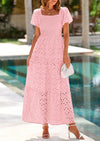 PRETTYGARDEN Dresses for Women Eyelet Square Neck Puff Sleeve Smocked Wedding Guest Maxi Dress with Pockets