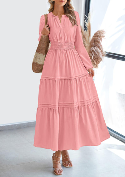 PRETTYGARDEN Women's Elegant Maxi Dresses Long Sleeve V Neck Flowy Pockets Casual Modest Dress Fall Fashion Clothes