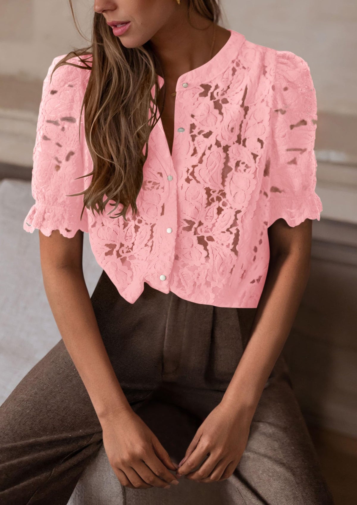 Lace Puff Sleeve Casual Dressy Eyelet Crew Neck Button Down Blouses