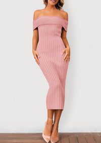 Off The Shoulder Elegant Ribbed Knit Bodycon Wedding Guest Sweater Midi Dresses