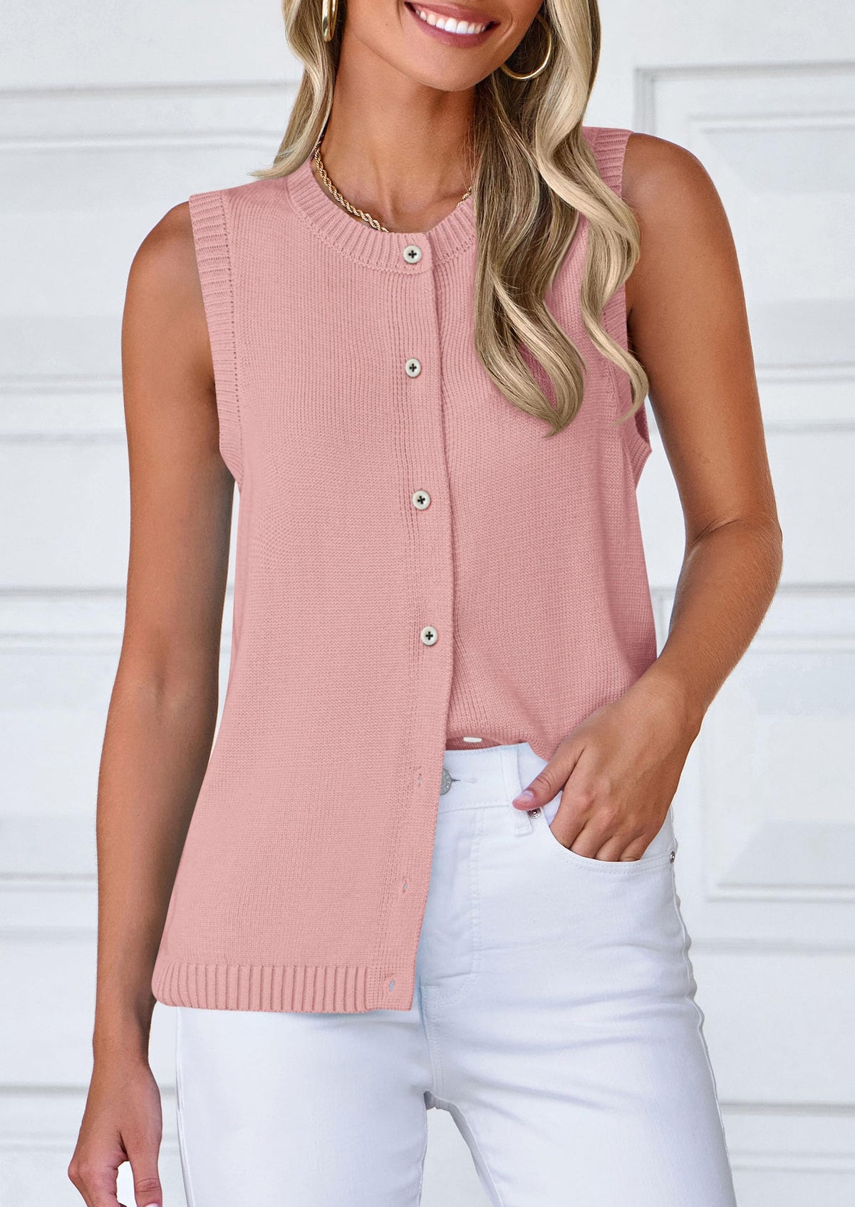Sleeveless Button Down Business Casual Knit Tank Tops