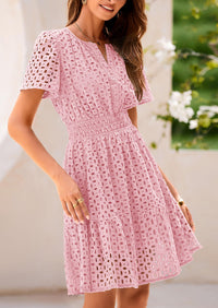 V Neck Short Sleeve A Line Hollow Out Lace Ruffle Casual Beach Party Mini Dresses