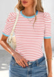 Puff Sleeve Casual Ribbed Knit Color Block Striped Pullover T-shirts