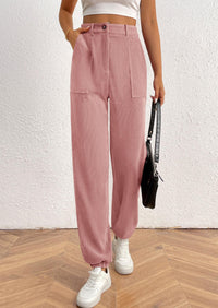 Elastic High Waisted Work Office Corduroy Casual Pants with Pockets