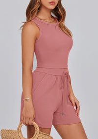 Solid Color Casual Sleeveless Two Piece Sets
