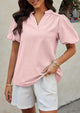 Casual V Neck Short Puff Sleeve Pleated Cotton Loose Blouses