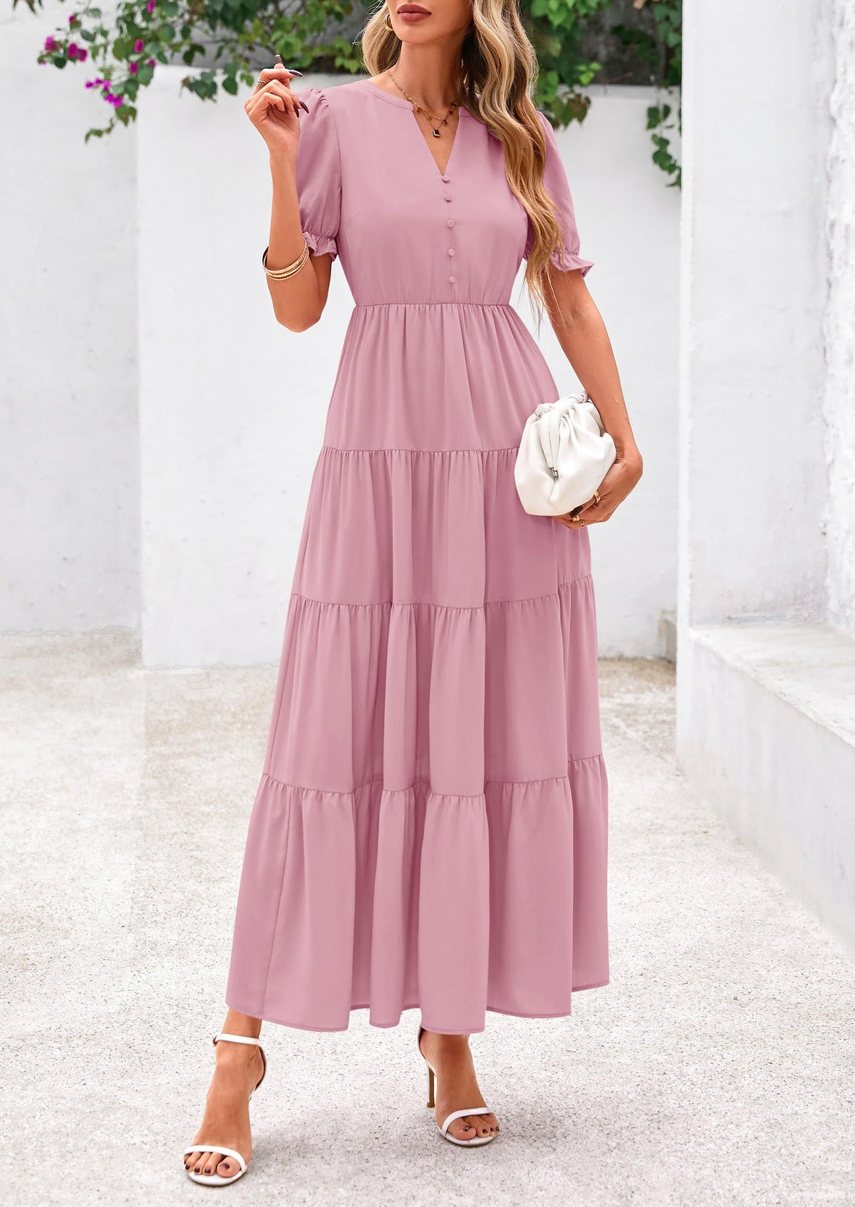 Casual Short Sleeve V Neck Tiered Flowy Beach Vacation Maxi Dress with Pockets