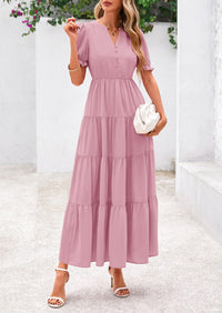 Casual Short Sleeve V Neck Tiered Flowy Beach Vacation Maxi Dress with Pockets