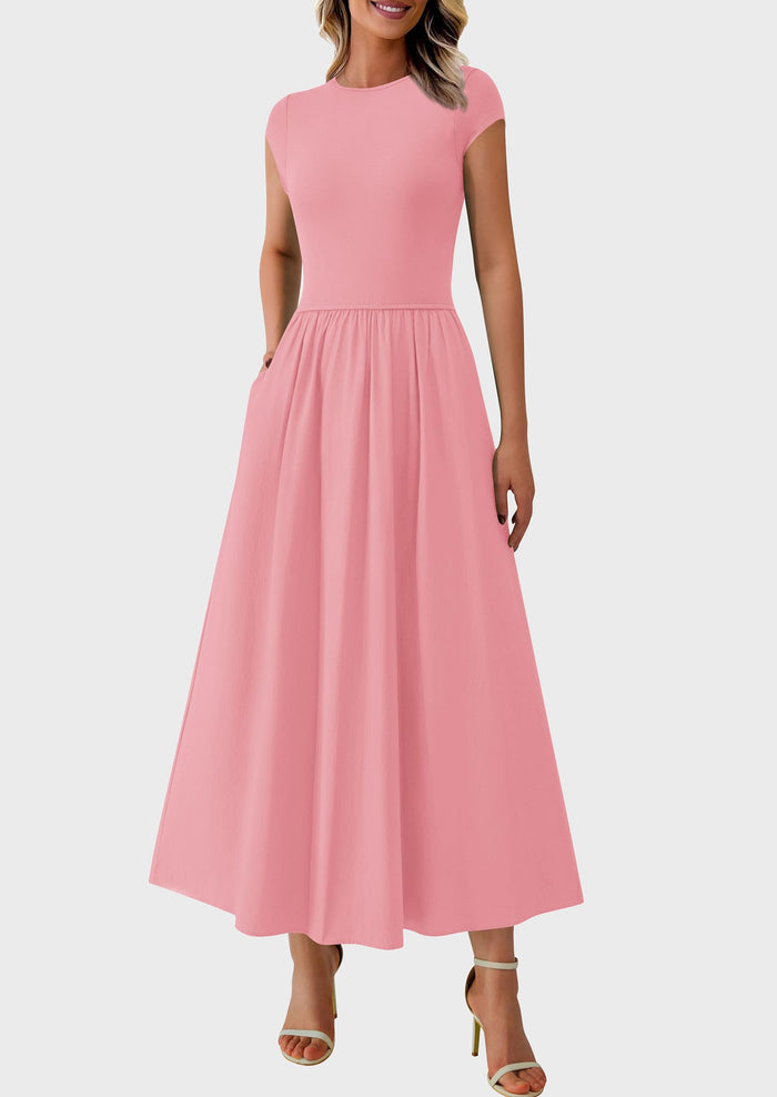 Casual Cap Sleeve Patchwork A Line Flowy Elegant Homecoming Maxi Dress