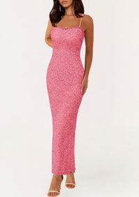Elegant Spaghetti Strap Lace Floral Bodycon Maxi Dress