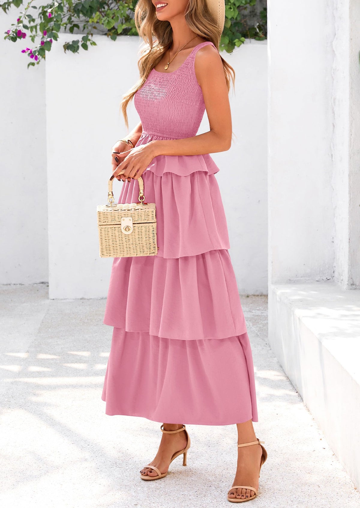 Sleeveless Scoop Neck Smocked A Line Tiered Beach Midi Dress