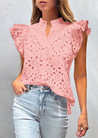Casual Ruffle Cap Sleeve Button V Neck Embroidered Eyelet Blouses