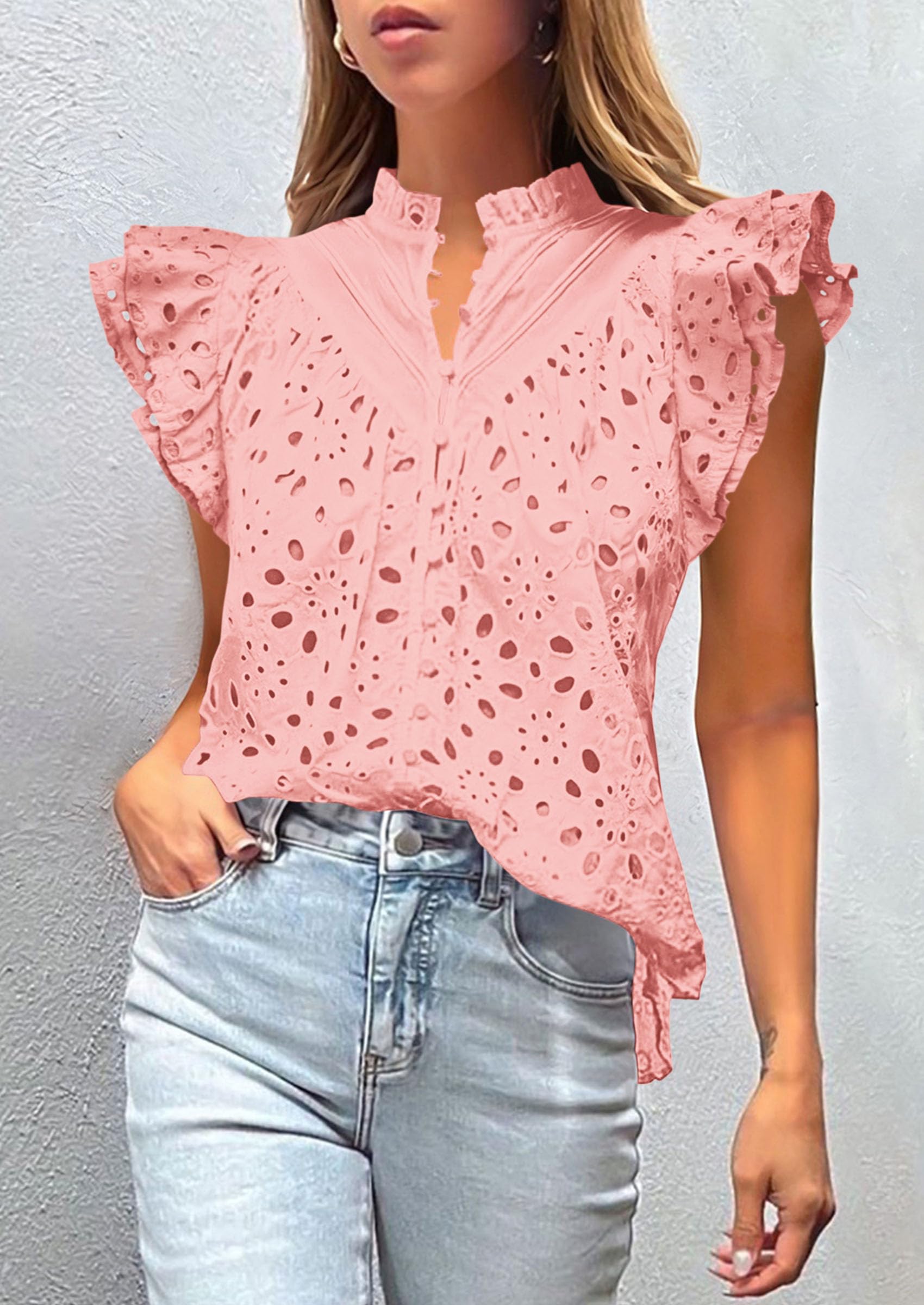 PRETTYGARDEN Womens Summer Tops 2025 Dressy Casual Ruffle Cap Sleeve Button V Neck Embroidered Eyelet Blouses Shirts