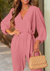 PRETTYGARDEN Women's Fall Jumpsuits Dressy Casual Pants Romper Spring Long Sleeve V Neck Belt Pockets One Piece Outfits