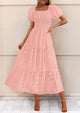 Eyelet Square Neck Puff Sleeve Smocked Maxi Dress with Pockets