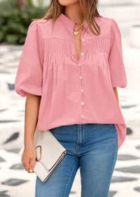 Lantern Sleeve Loose Fit Button Down Casual Pleated V Neck Blouses