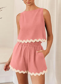 Beach Vacation Cropped Tank Top High Waist Shorts Two Piece Set