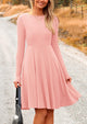 Ribbed Knit Crew Neck Long Sleeve A-Line Flowy Casual Elegant Mini Dresses