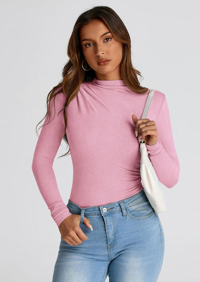 PRETTYGARDEN Womens Fall Y2K Going Out Crop Tops Long Sleeve Mock Neck Ruched Slim Fitted Basic Trendy Casual T Shirts Blouse
