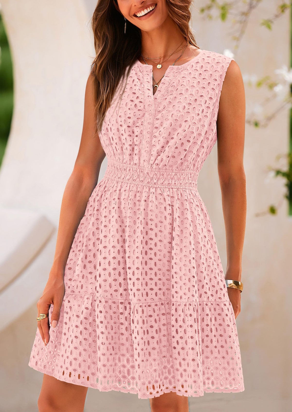 Sleeveless V Neck Eyelet Hollow Out Swing A Line Beach Vacation Dresses