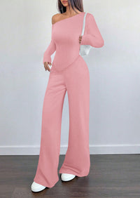 PRETTYGARDEN Casual Two Piece Sets for Women Fall Outfits Asymmetrical Off Shoulder Tops Wide Leg Pants Knit Lounge Set