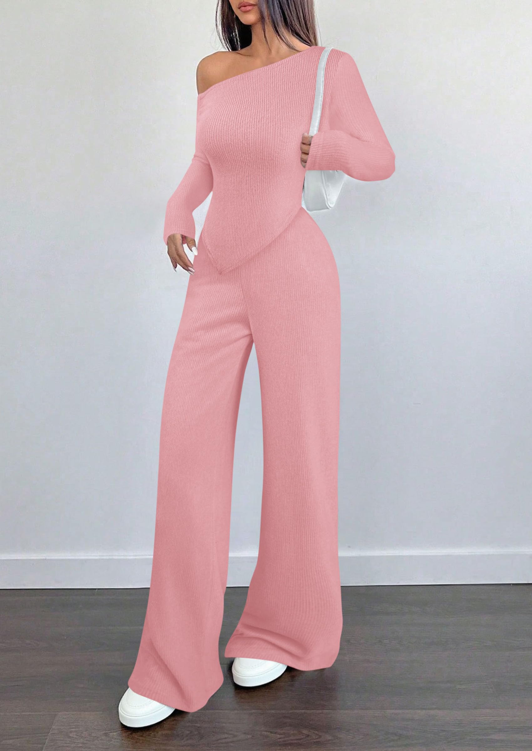 PRETTYGARDEN Casual Two Piece Sets for Women Fall Outfits Asymmetrical Off Shoulder Tops Wide Leg Pants Knit Lounge Set