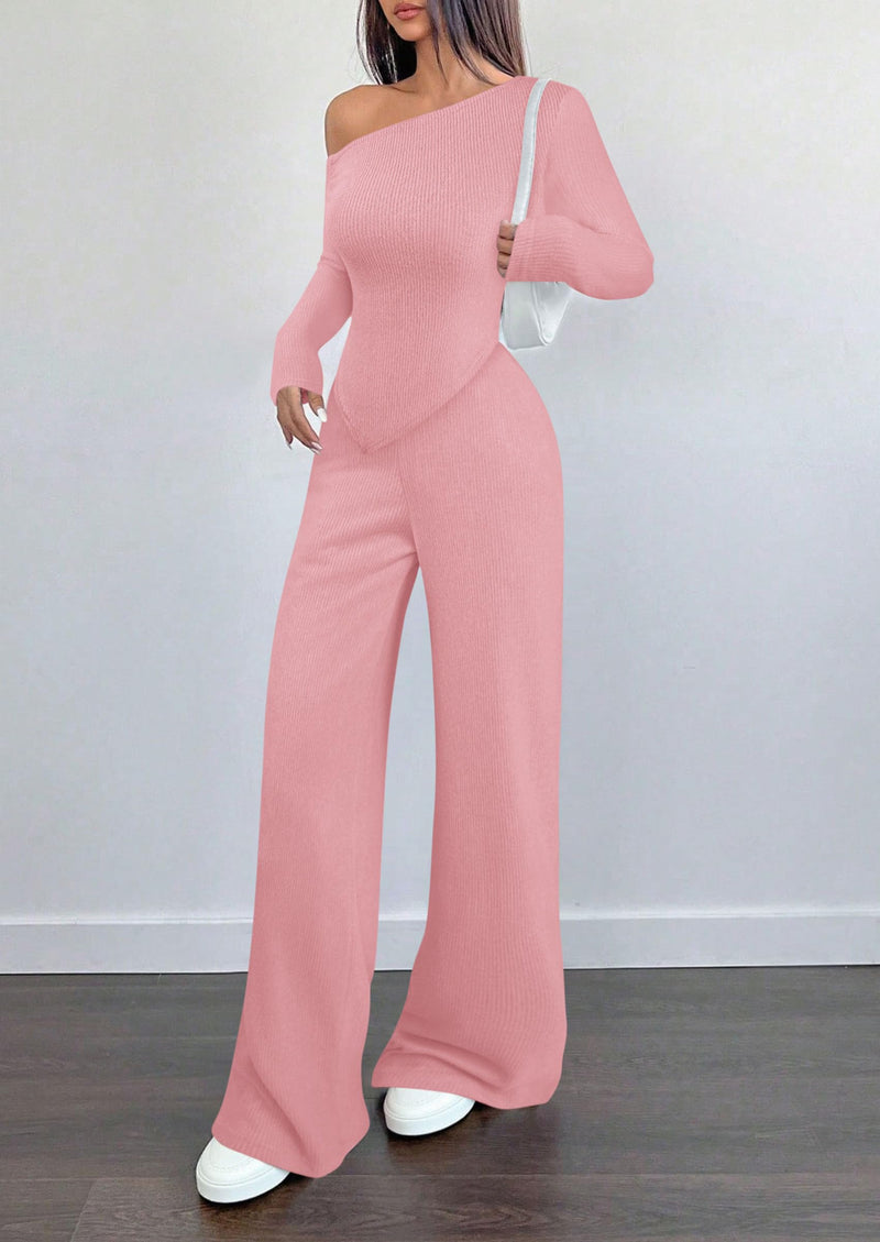 PRETTYGARDEN Casual Two Piece Sets for Women Fall Outfits Asymmetrical Off Shoulder Tops Wide Leg Pants Knit Lounge Set