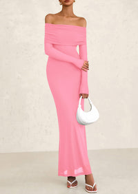 Off The Shoulder Bodycon Long Sleeve Mesh Maxi Dress