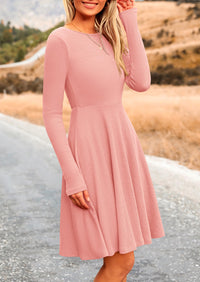 Ribbed Knit Crew Neck Long Sleeve A-Line Flowy Casual Elegant Mini Dresses