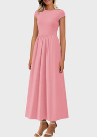 Casual Cap Sleeve Patchwork A Line Flowy Elegant Homecoming Maxi Dress