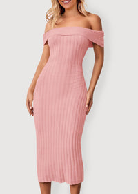 Off The Shoulder Elegant Ribbed Knit Bodycon Wedding Guest Sweater Midi Dresses