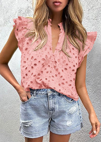 Casual Ruffle Cap Sleeve Button V Neck Embroidered Eyelet Blouses