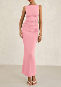 Sleeveless Ruched Bodycon Slit Long Maxi Dresses